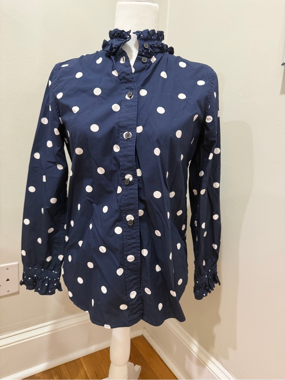 J. Crew Women’s Navy Blue & White Polka Dot Button-Up Top